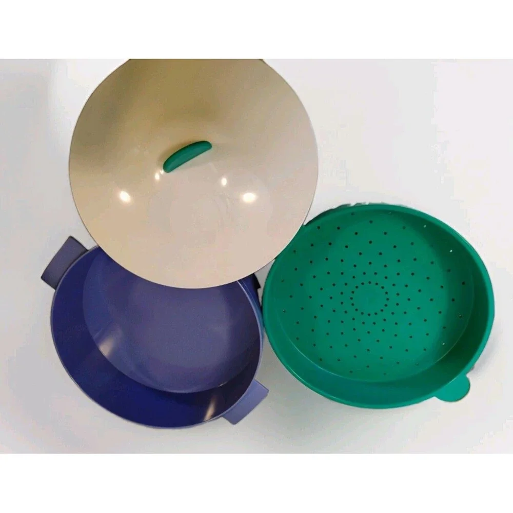 Vintage Tupperware 3 Pc Round Microwave Steamer 3066 Purple Teal White Veggie